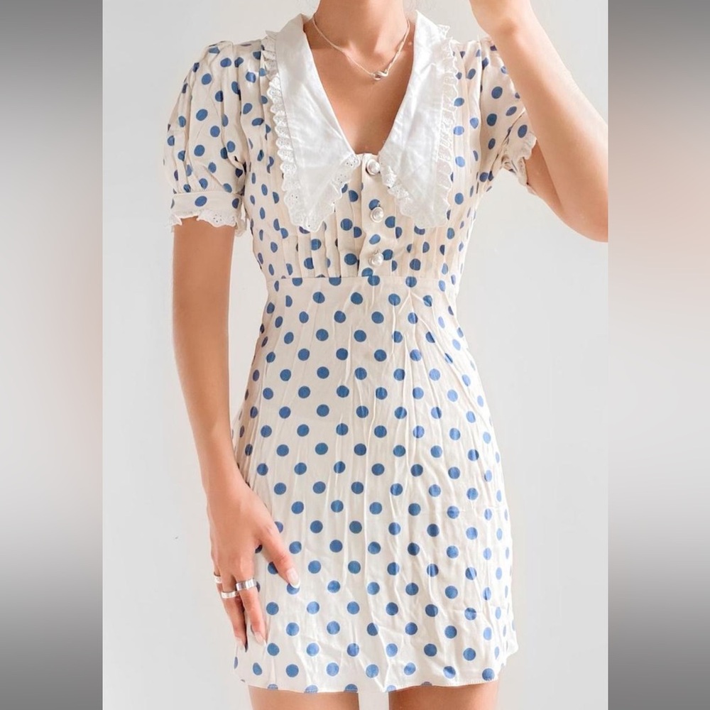 Urban Outfitters, Kimchi Blue, Cream and Blue Polka Dot Mini Dress - Picture 3 of 7